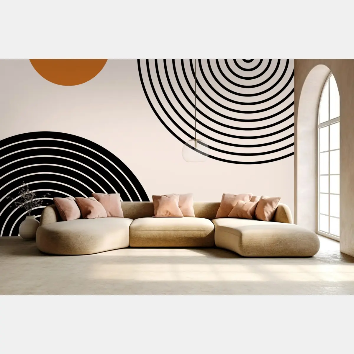 Wall mural minimal geometric arches with terracotta circles • Wallissimo®