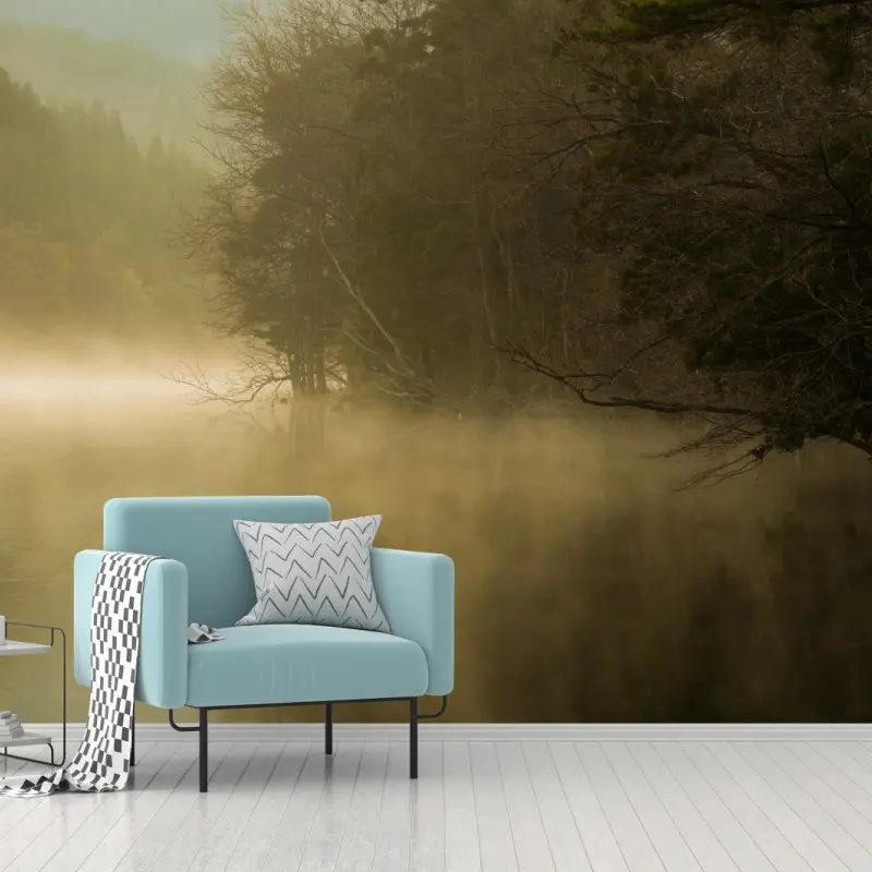 Wall mural misty lakeside forest at dawn
