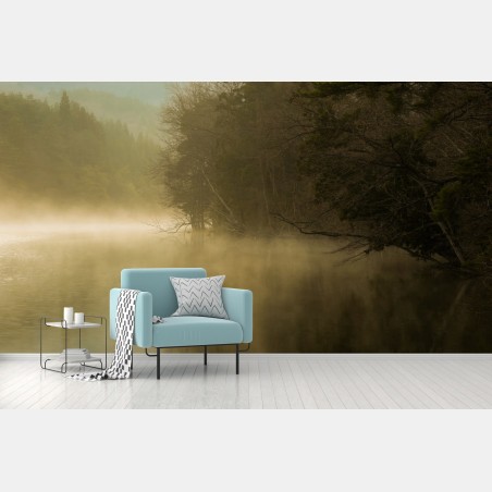 Wall mural misty lakeside forest at dawn • Wallissimo®