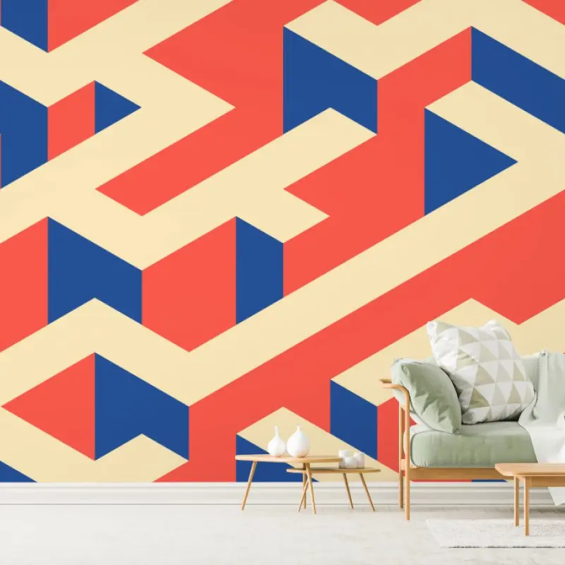 Wall mural isometric geometric pattern in coral and navy