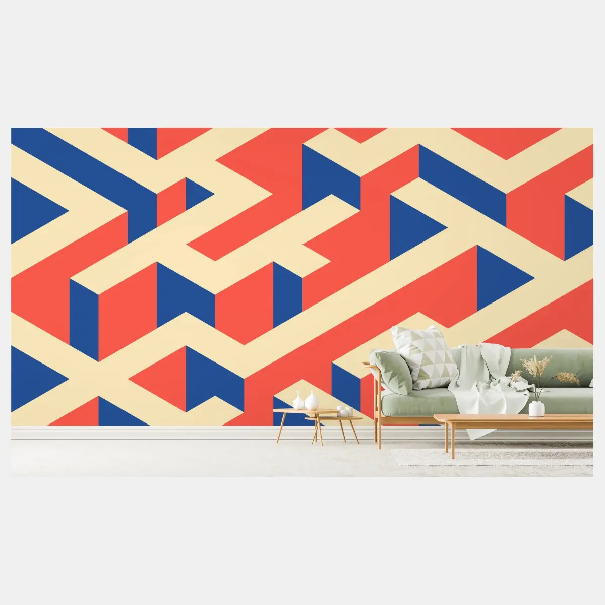 Wall mural isometric geometric pattern in coral and navy • Wallissimo®