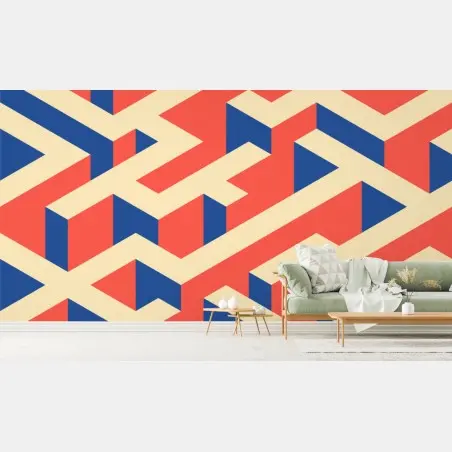 Wall mural isometric geometric pattern in coral and navy • Wallissimo®