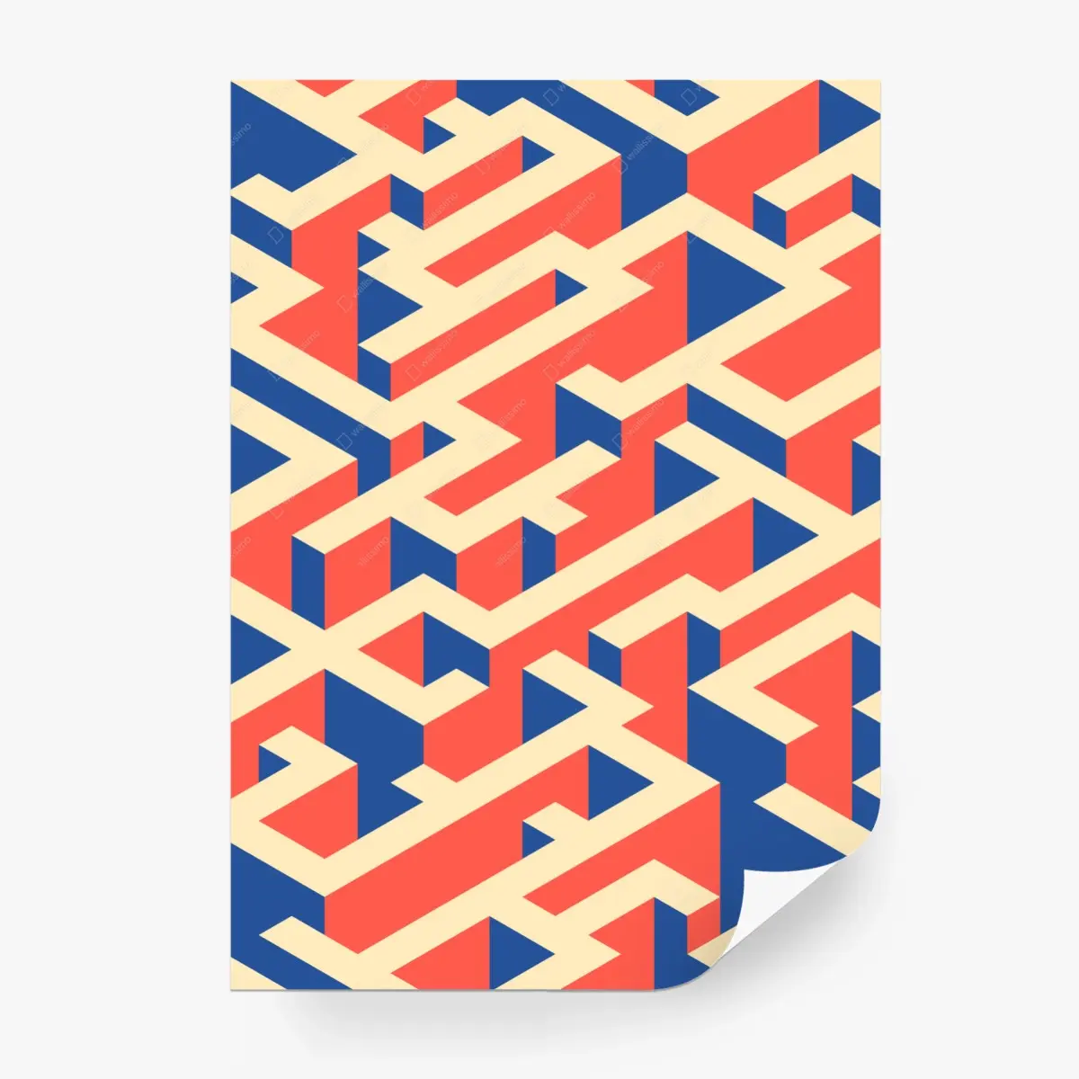 Wall mural isometric geometric pattern in coral and navy • Wallissimo®