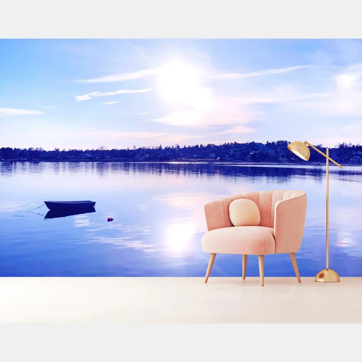 Wall mural tranquil blue lake with lone boat • Wallissimo®