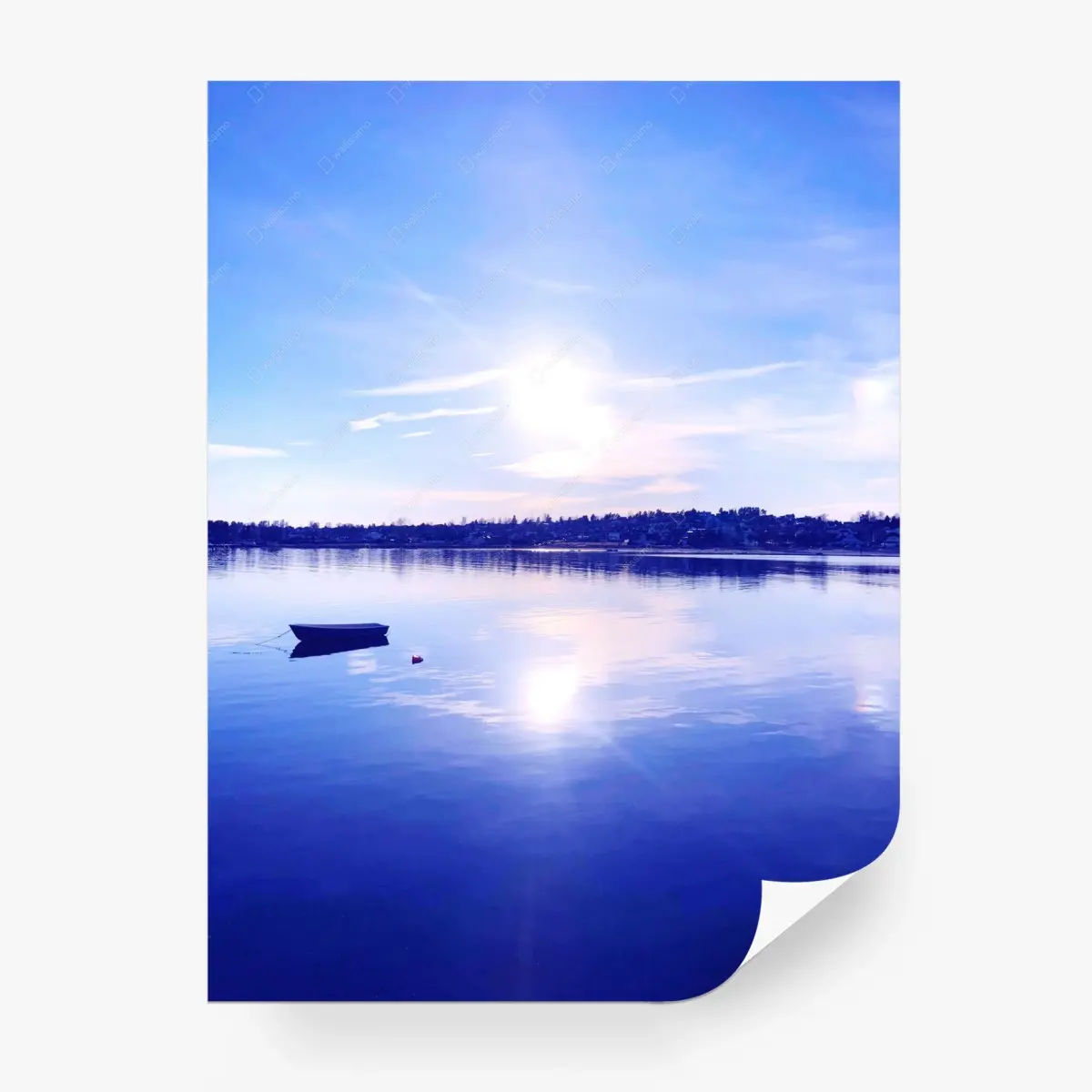 Wall mural tranquil blue lake with lone boat • Wallissimo®