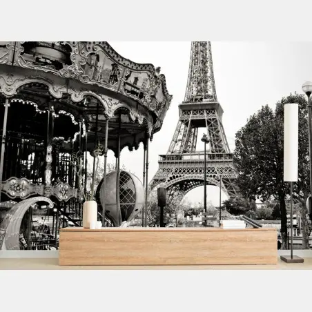 Wall mural Eiffel Tower and carousel in Paris • Wallissimo®