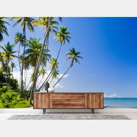 Wall mural tropical palm beach under blue sky • Wallissimo®