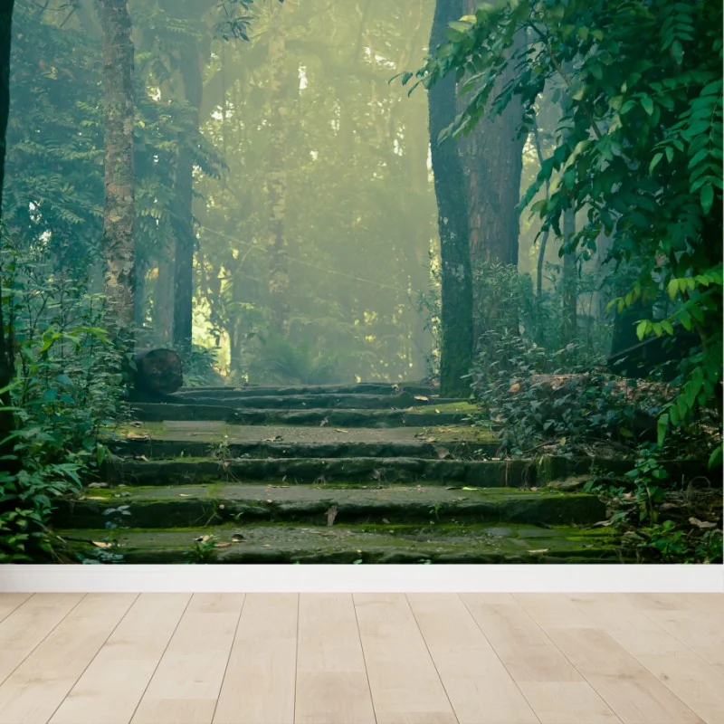 Wall mural moss-covered stone path into a misty forest