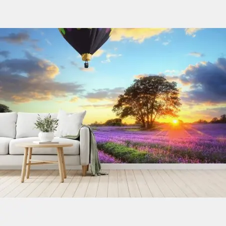 Wall mural lavender sunset with hot air balloons • Wallissimo®