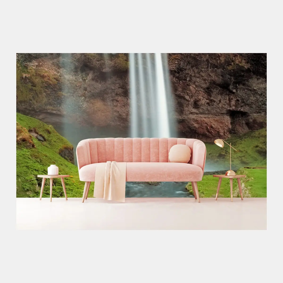 Wall mural serene waterfall in a lush valley • Wallissimo®