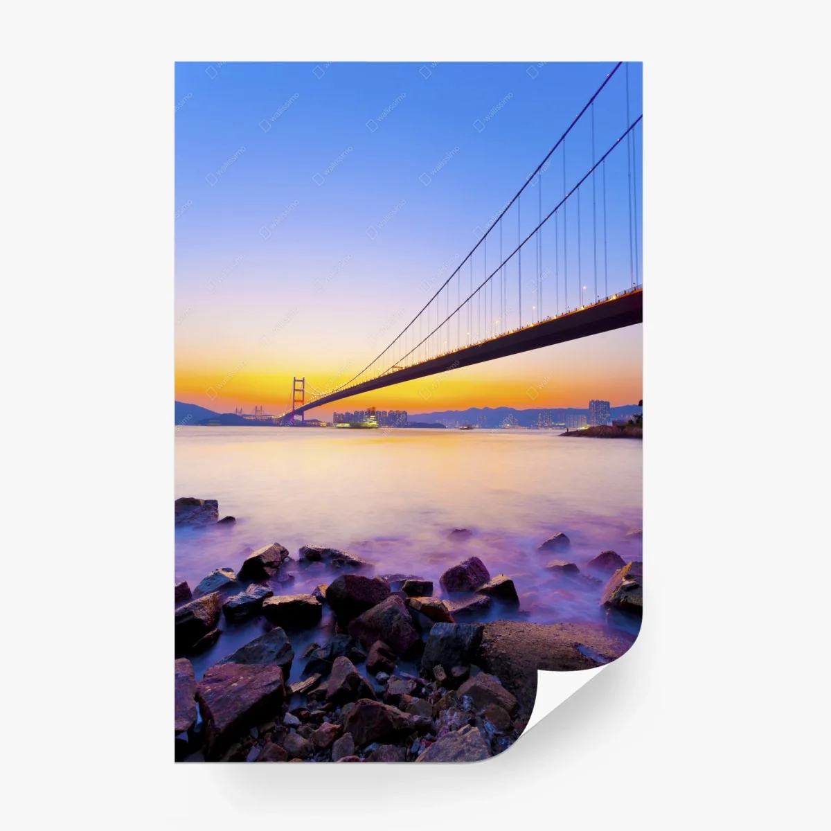 Wall mural golden sunset over suspension bridge • Wallissimo® Wall mural golden sunset over suspension bridge • Wallissimo®