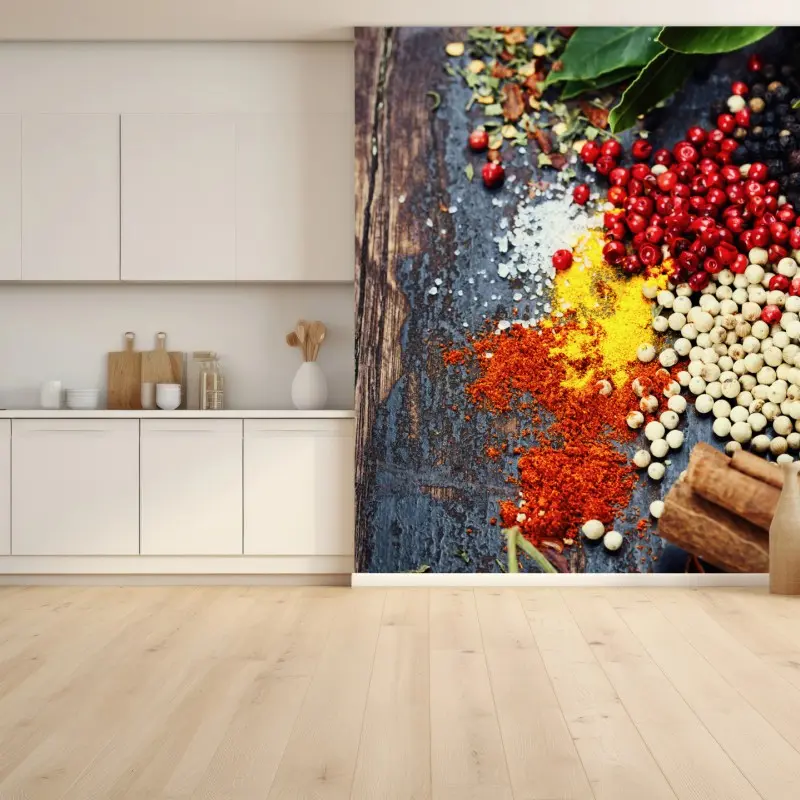 Wall mural vibrant spice assortment on rustic wood