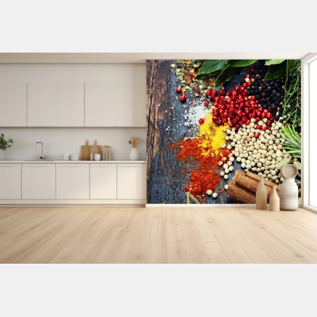 Wall mural vibrant spice assortment on rustic wood • Wallissimo®