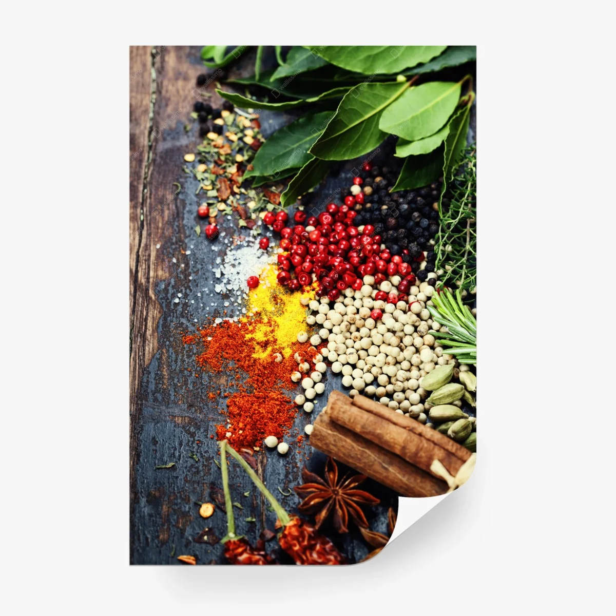 Wall mural vibrant spice assortment on rustic wood • Wallissimo® Wall mural vibrant spice assortment on rustic wood • Wallissimo®