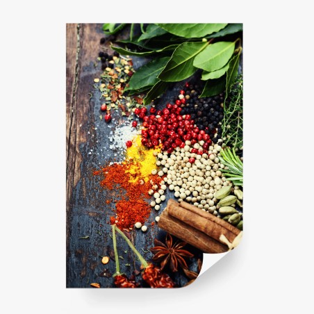 Wall mural vibrant spice assortment on rustic wood • Wallissimo®