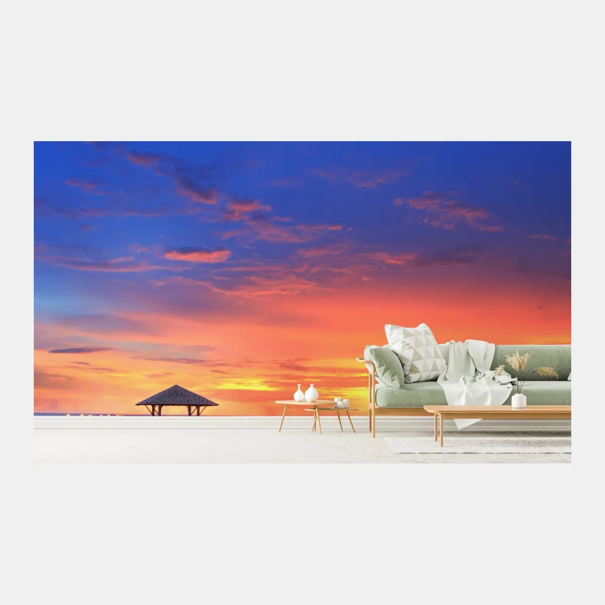 Wall mural sunset pier at the island beach • Wallissimo®