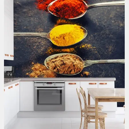 Wall mural colorful spice spoons arrangement • Wallissimo®