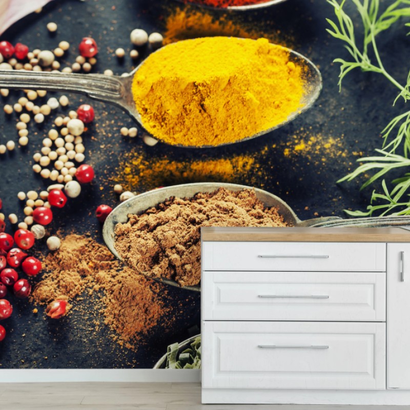 Wall mural vibrant spices and herbs composition