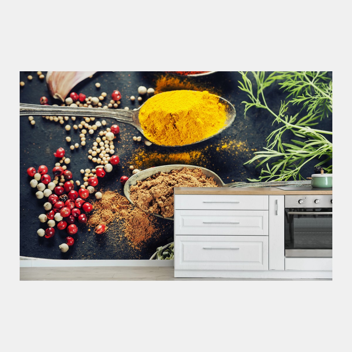 Wall mural vibrant spices and herbs composition • Wallissimo®