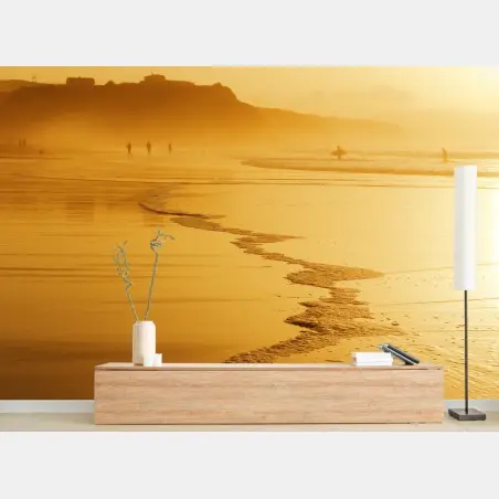 Wall mural golden sunset at Sopelana beach • Wallissimo®