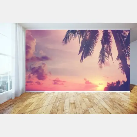 Wall mural tropical sunset beach silhouette • Wallissimo®