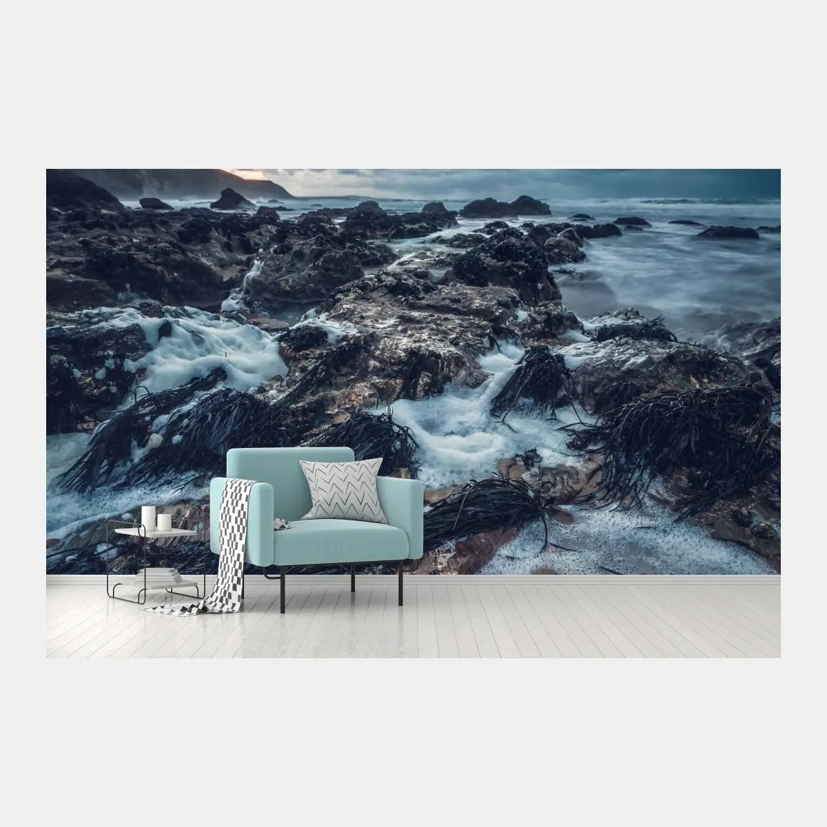Wall mural moody rocky coastline at dusk • Wallissimo®