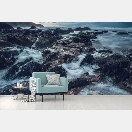 Wall mural moody rocky coastline at dusk • Wallissimo®