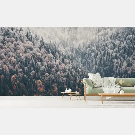 Wall mural autumn mist over mountain forest • Wallissimo®