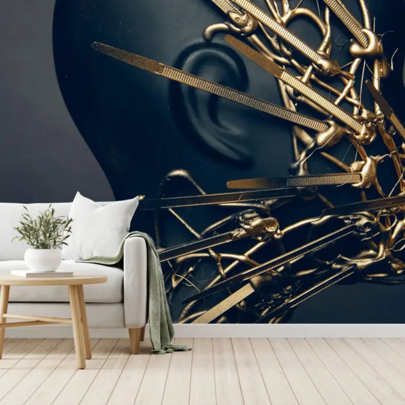 Wall mural golden wire portrait on black bust
