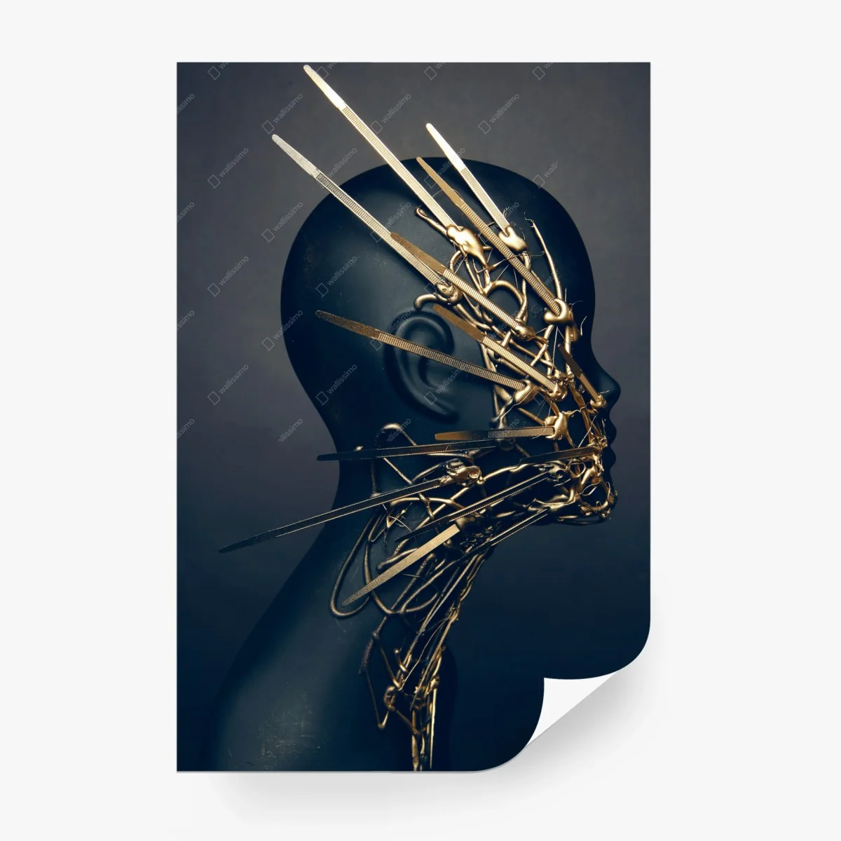 Wall mural golden wire portrait on black bust • Wallissimo® Wall mural golden wire portrait on black bust • Wallissimo®