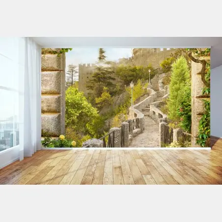 Wall mural sunlit garden path to castle • Wallissimo®