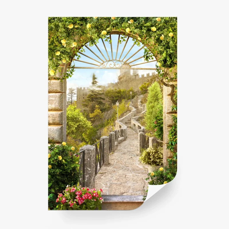 Wall mural sunlit garden path to castle