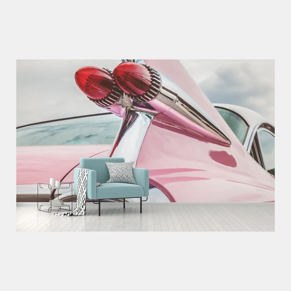 Wall mural retro pink classic car tailfin • Wallissimo®