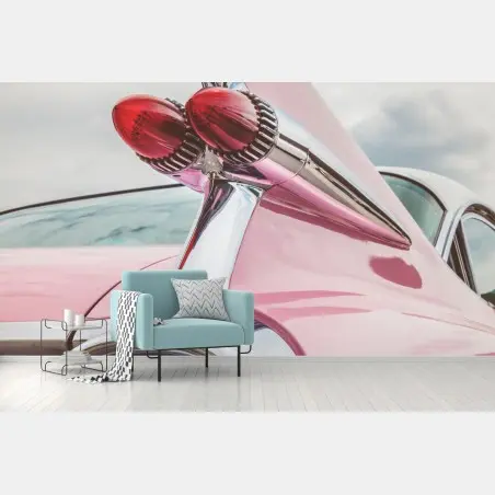 Wall mural retro pink classic car tailfin • Wallissimo®