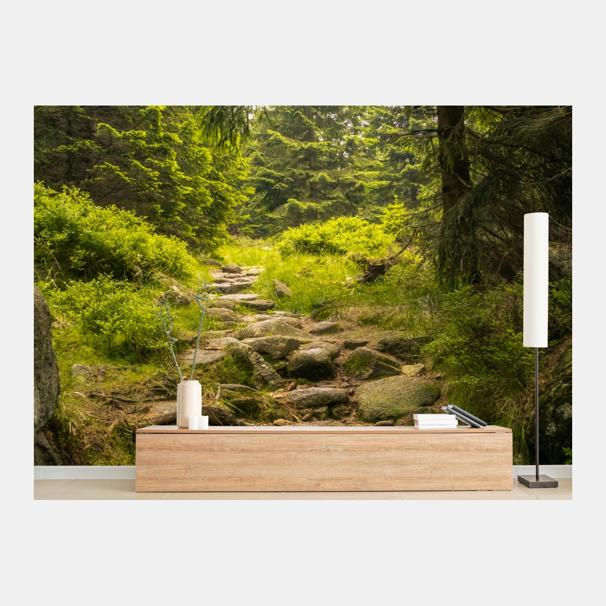 Wall mural serene forest path through evergreen woods • Wallissimo®
