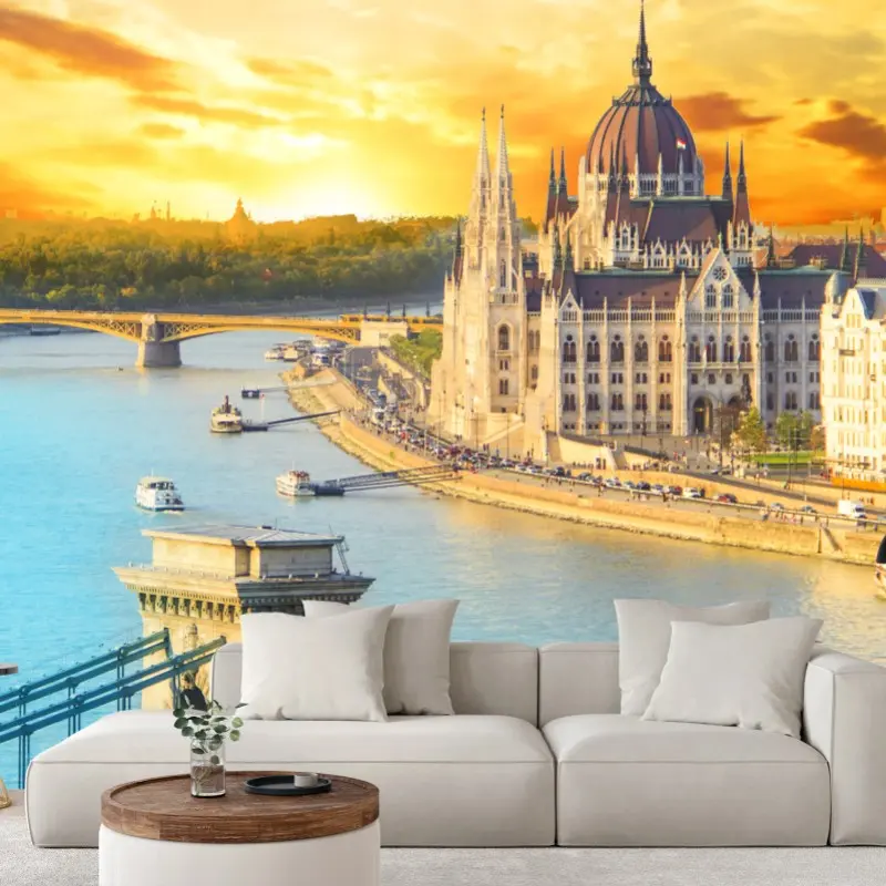 Wall mural sunset over Budapest skyline with Chain Bridge