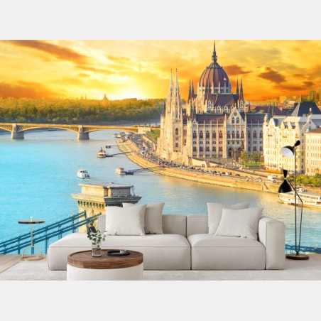 Wall mural sunset over Budapest skyline with Chain Bridge • Wallissimo®