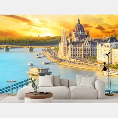 Wall mural sunset over Budapest skyline with Chain Bridge • Wallissimo®