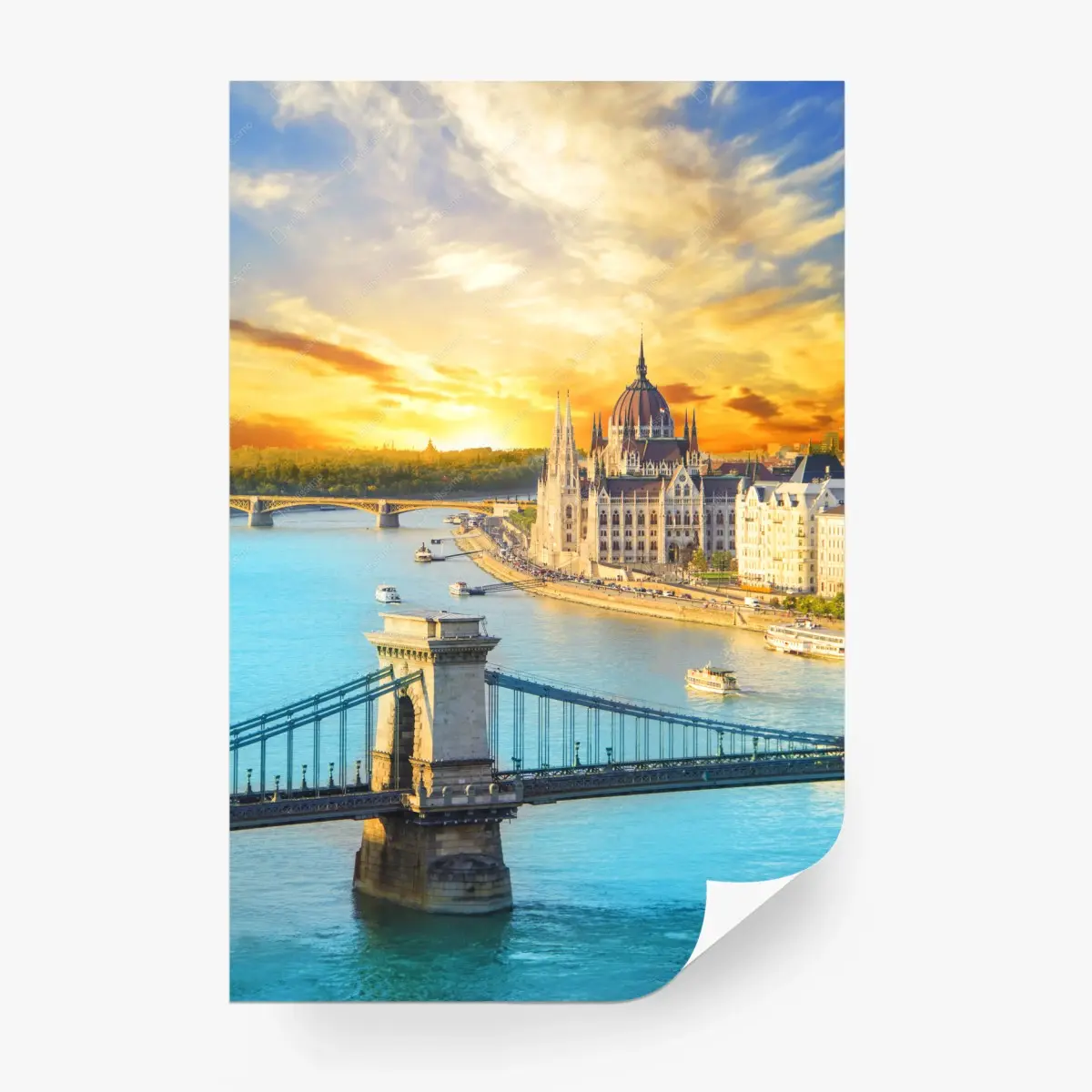 Wall mural sunset over Budapest skyline with Chain Bridge • Wallissimo®