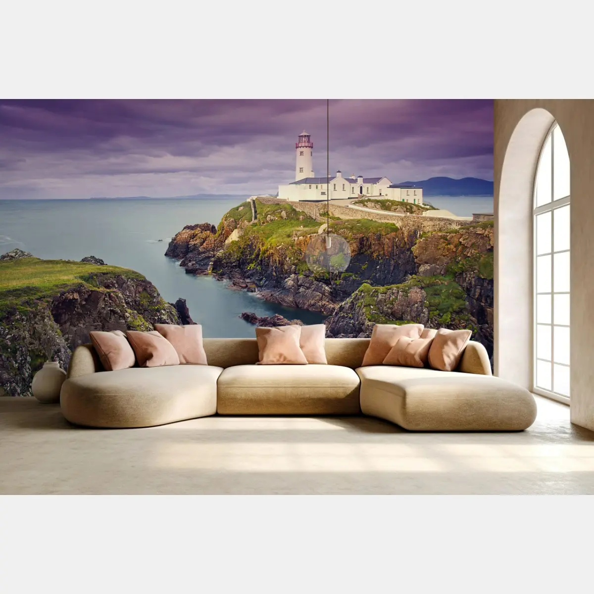 Wall mural purple coastal lighthouse at dusk • Wallissimo®