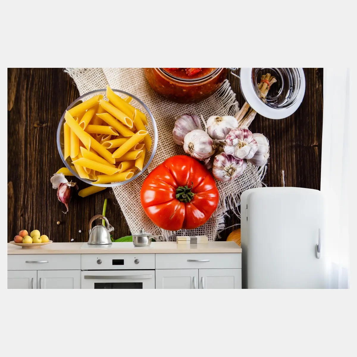 Wall mural rustic italian pasta ingredients flat lay • Wallissimo®