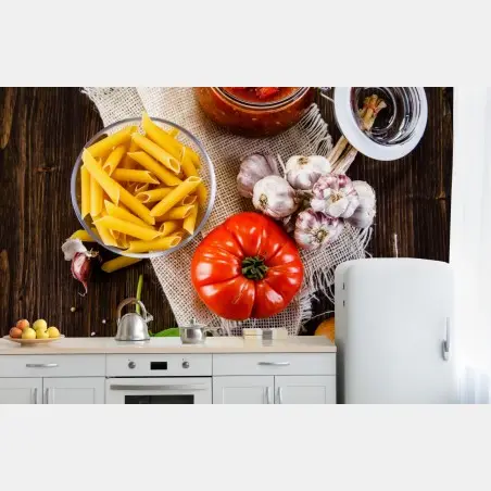 Wall mural rustic italian pasta ingredients flat lay • Wallissimo®