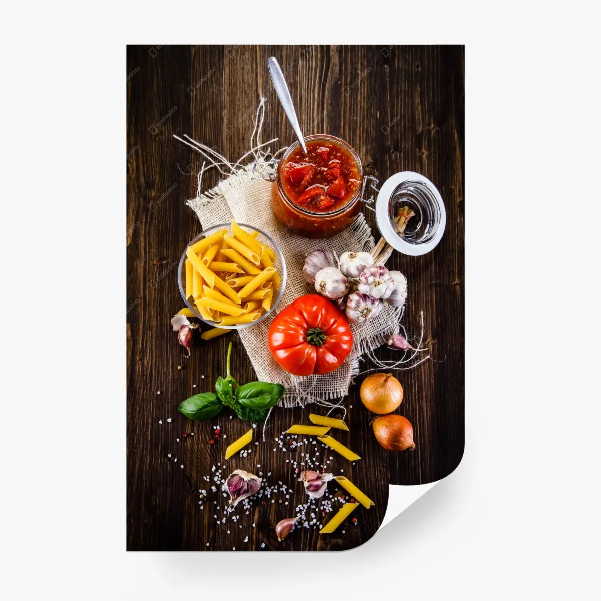 Wall mural rustic italian pasta ingredients flat lay • Wallissimo®