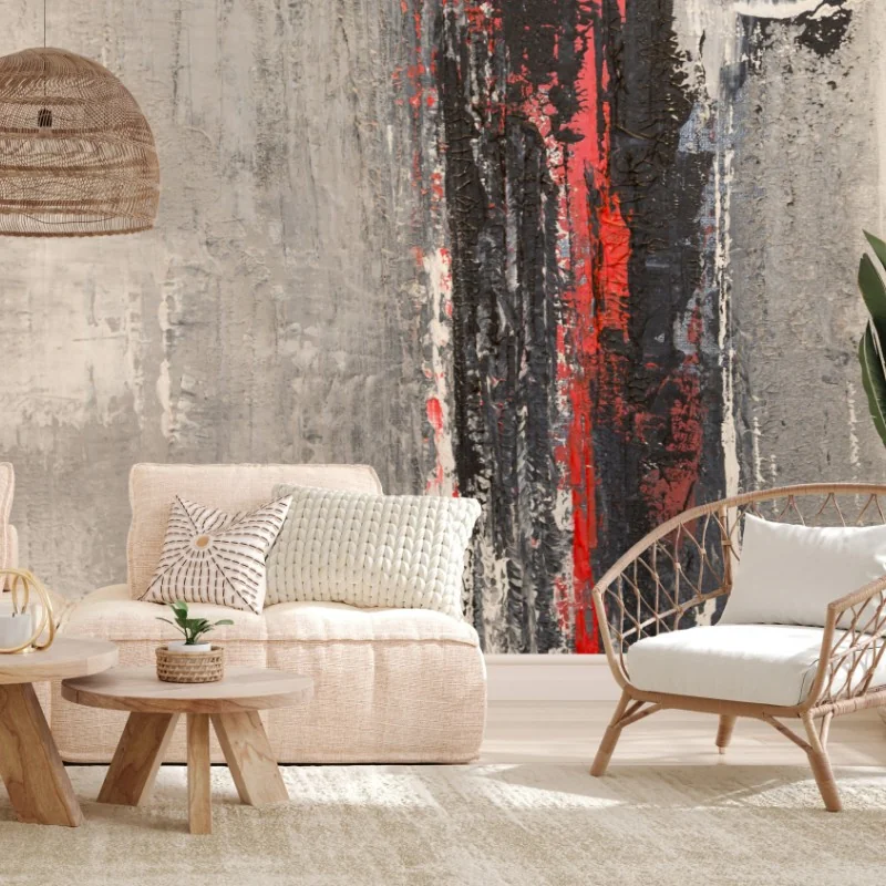 Wall mural textured abstract composition with red accent