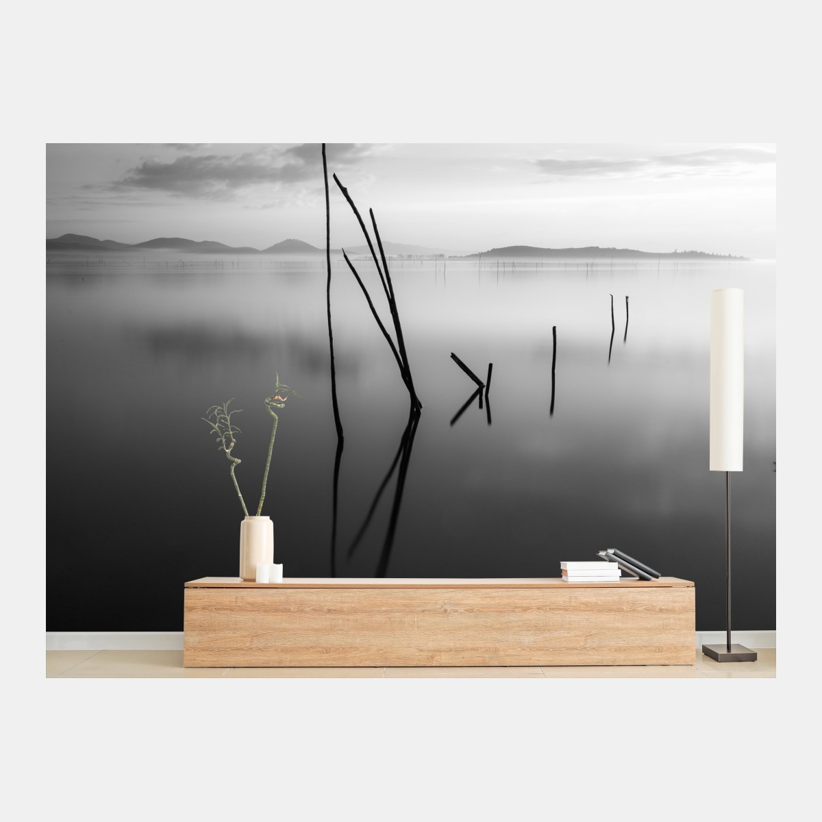 Wall mural tranquil monochrome lake with reflections • Wallissimo®