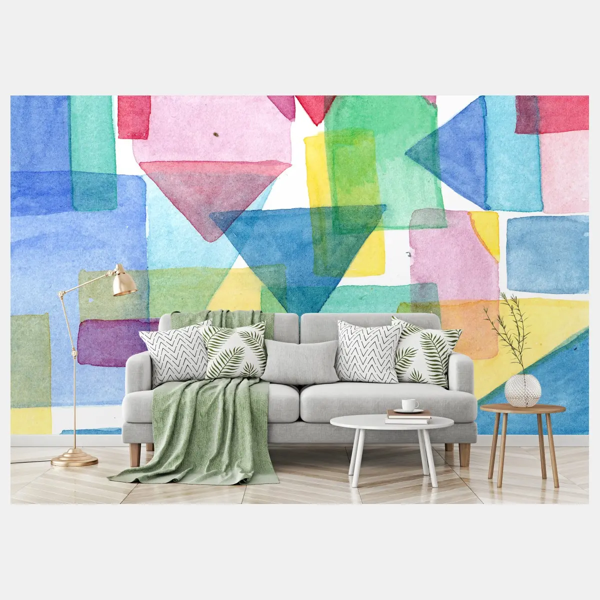 Wall mural colorful geometric watercolor composition • Wallissimo®