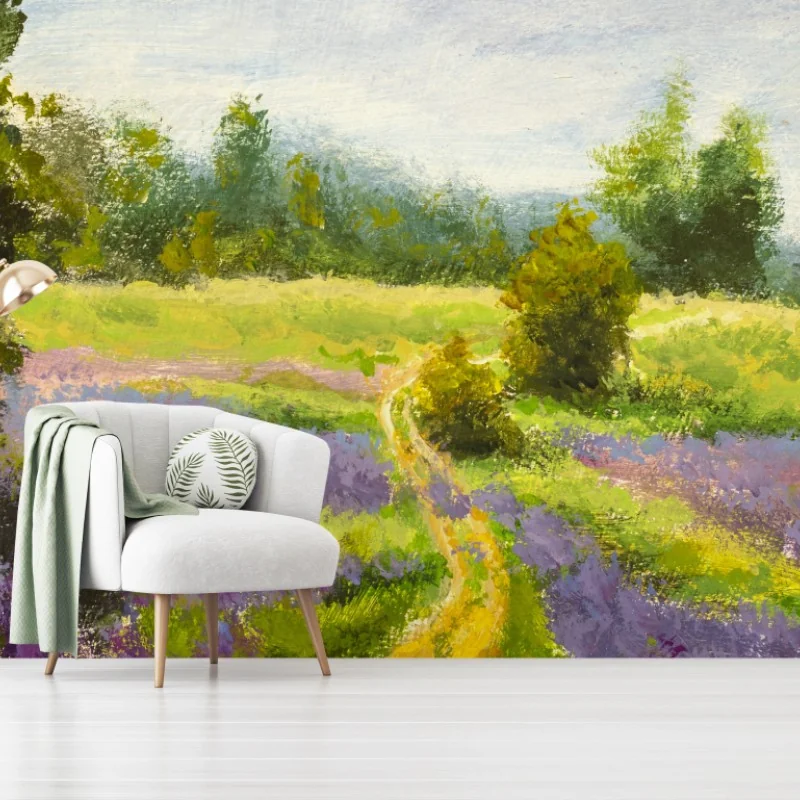 Wall mural lavender meadow pathway impressionist landscape