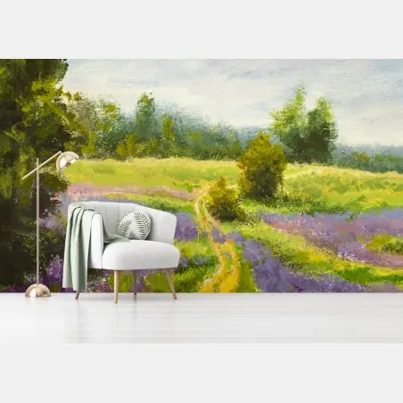 Wall mural lavender meadow pathway impressionist landscape • Wallissimo®