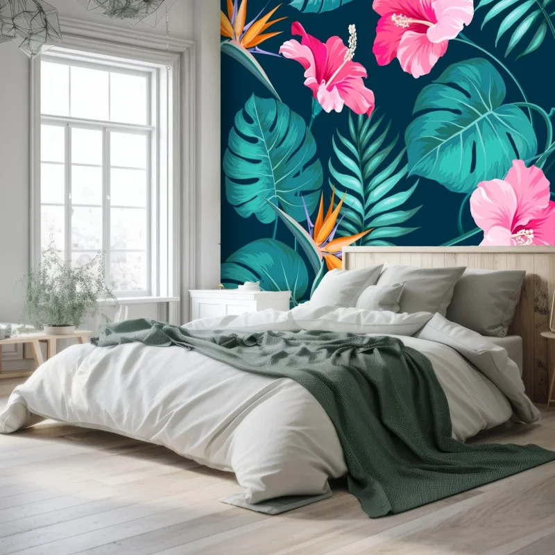 Wall mural tropical hibiscus botanical pattern