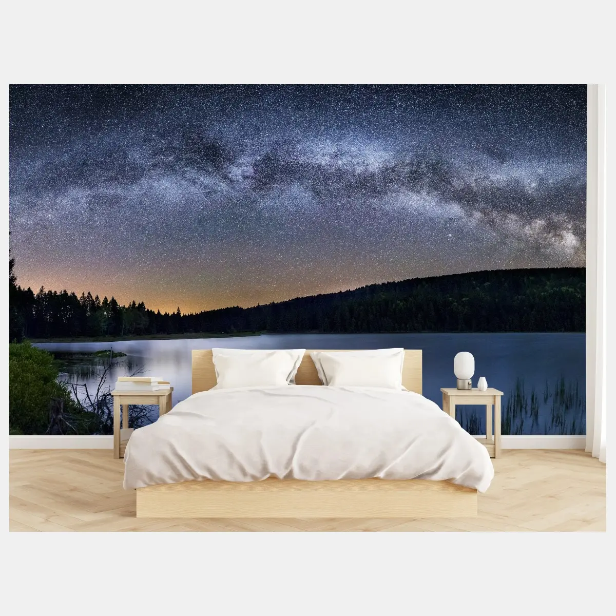 Wall mural milky way over tranquil lake • Wallissimo®